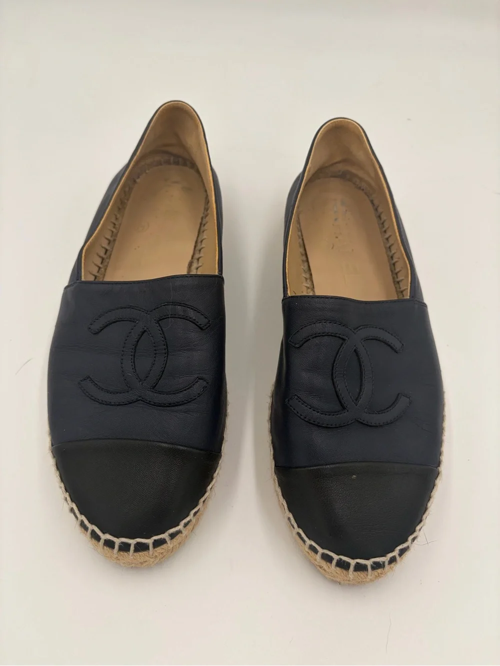 CHANEL Navy and Black  Leather Espadrille Loafer with CC Logo size 37 US 6.5